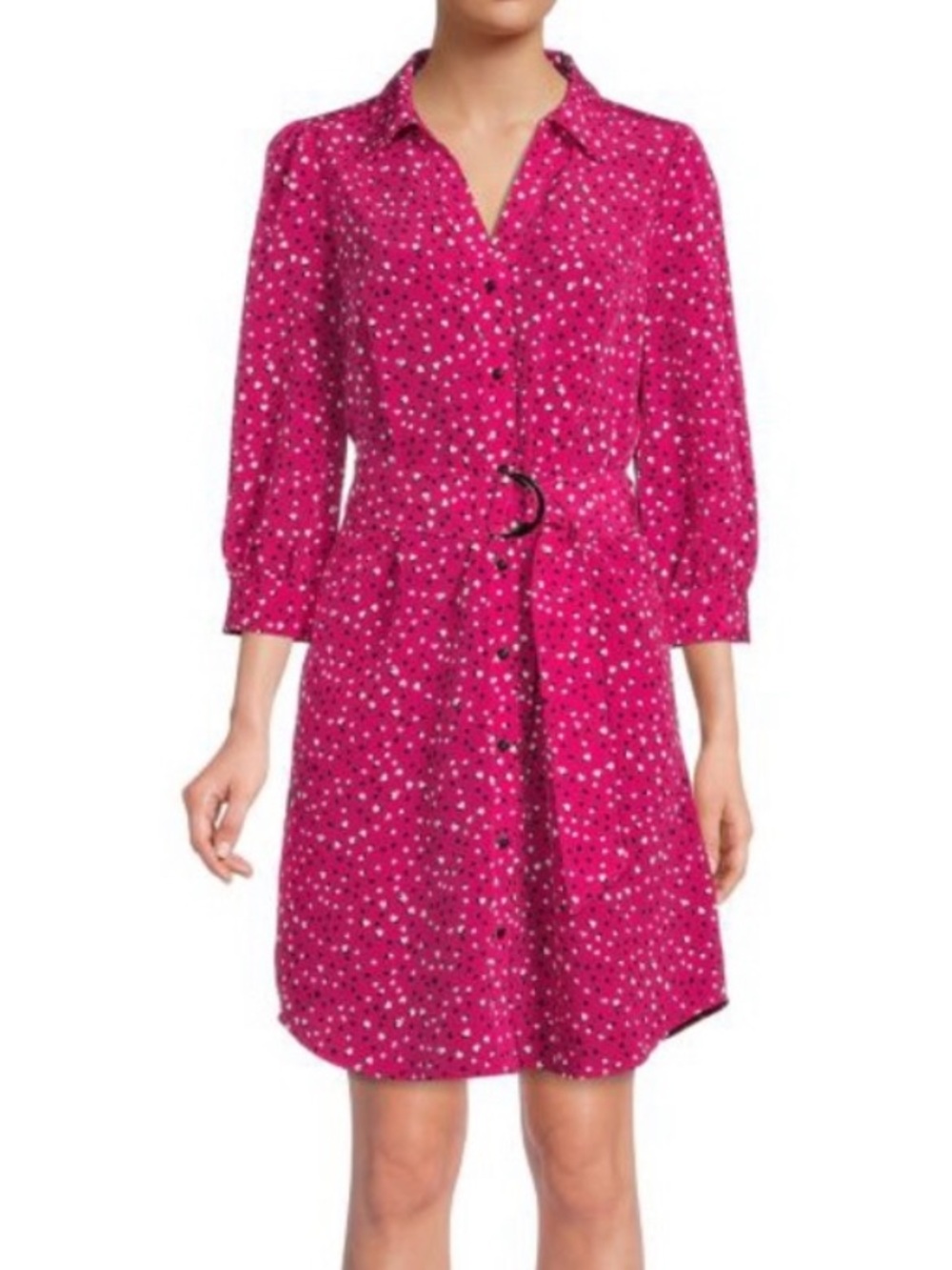 Karl Lagerfeld Paris Fuchsia Pink Heart Print Belted Shirt Dress Size 12